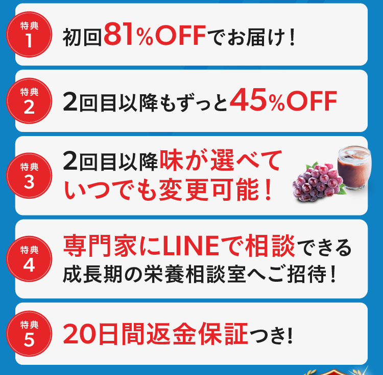 特典1 初回81％OFFでお届け！特典2 2回目以降もずっと45％OFF 特典3 成長期サポートメルマガへご招待※購入手続きの際にメルマガ購読の欄へチェックをお願いします
